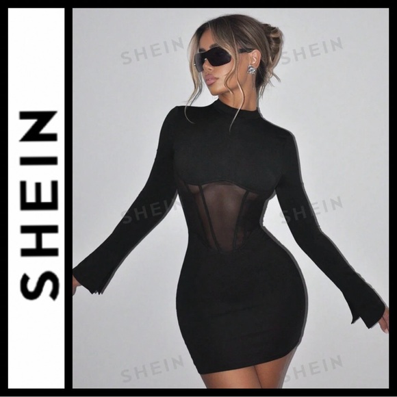 NWT Shein Icon Mock Neck Mesh Bodycon Dress - Picture 5 of 8